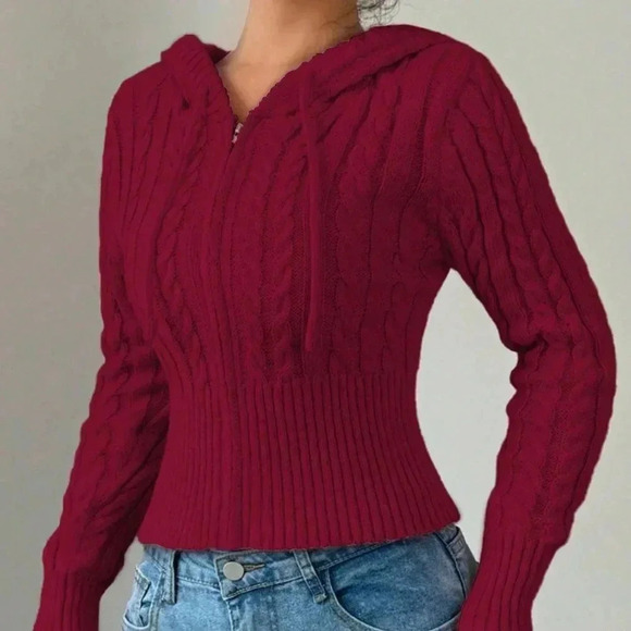 Red Casual Women's Plain Zippered Hooded Drawstring Cardigan - Picture 5 of 5